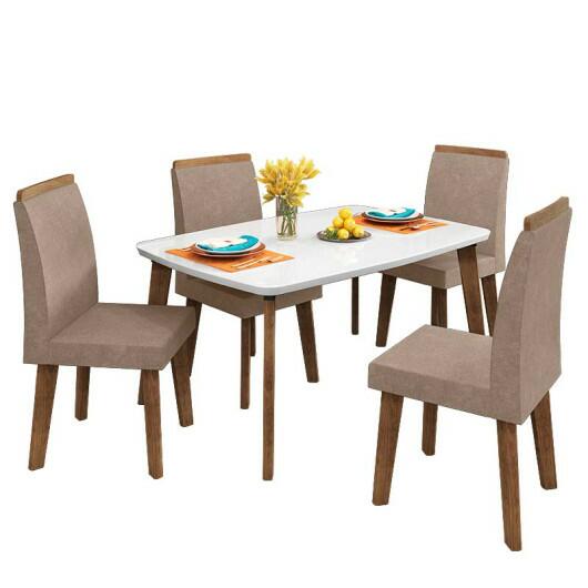 Conjunto Mesa de Jantar Tampo Vidro Com 04 Cadeiras 120x90 Jade RV Móveis Off White/Pena Caramelo