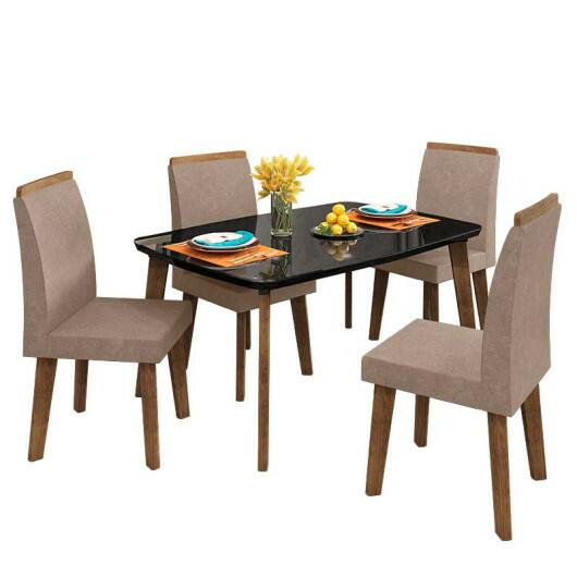 Conjunto Mesa de Jantar Tampo Vidro Com 04 Cadeiras 120x90 Jade RV Móveis Preto/Pena Caramelo
