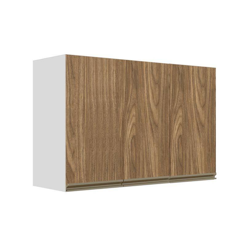 Módulo Armário Aéreo 68x120x34cm 3 Portas 100% MDF Cozinha Modulada Gold J Robel Branco/Amendoeira BP