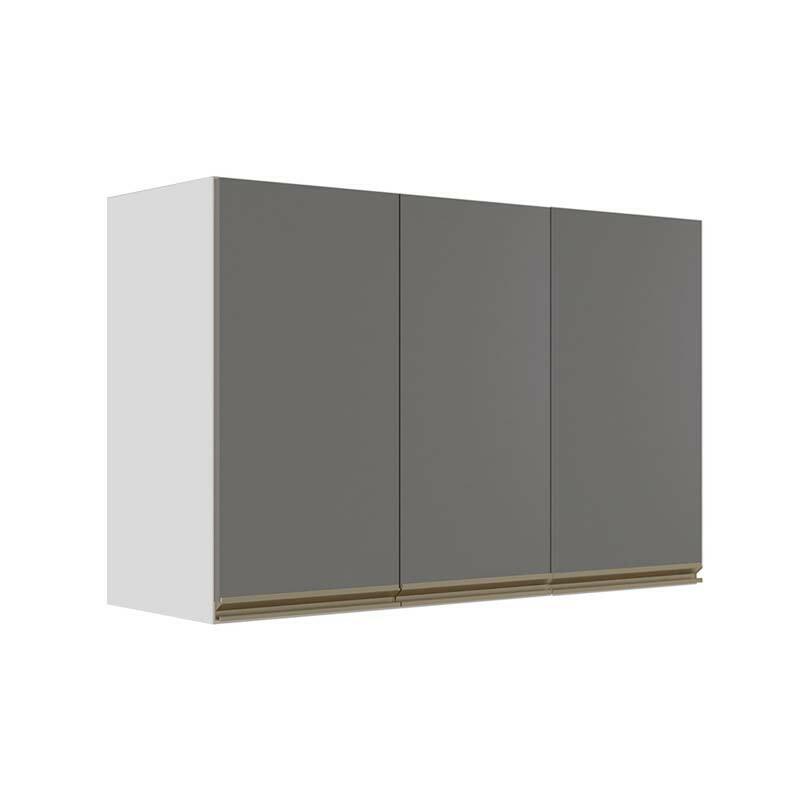Módulo Armário Aéreo 68x120x34cm 3 Portas 100% MDF Cozinha Modulada Gold J Robel Branco/Cinza Matte