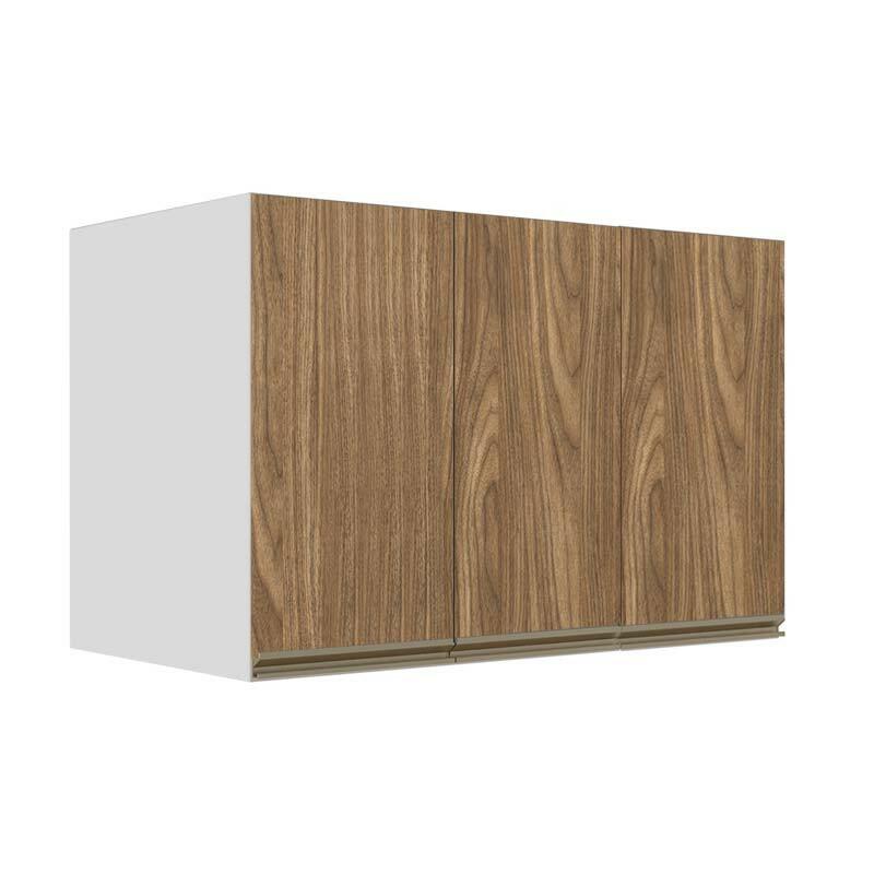 Módulo Armário Aéreo 68x120x56cm 3 Portas 100% MDF Cozinha Modulada Gold J Robel Branco/Amendoeira BP