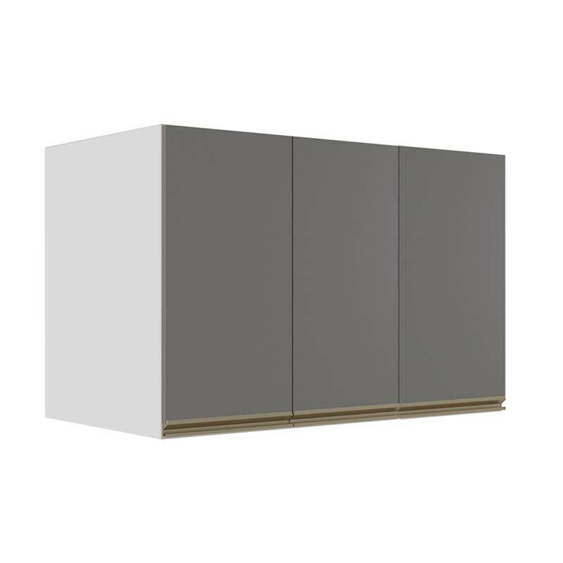 Módulo Armário Aéreo 68x120x56cm 3 Portas 100% MDF Cozinha Modulada Gold J Robel Branco/Cinza Matte