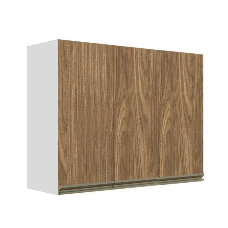 Módulo Armário Aéreo 88x120x34cm 3 Portas 100% MDF Cozinha Modulada Gold J Robel Branco/Amendoeira BP