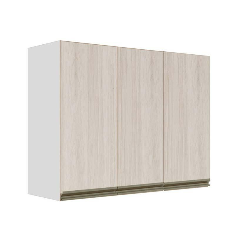 Módulo Armário Aéreo 88x120x34cm 3 Portas 100% MDF Cozinha Modulada Gold J Robel Branco/Aspen