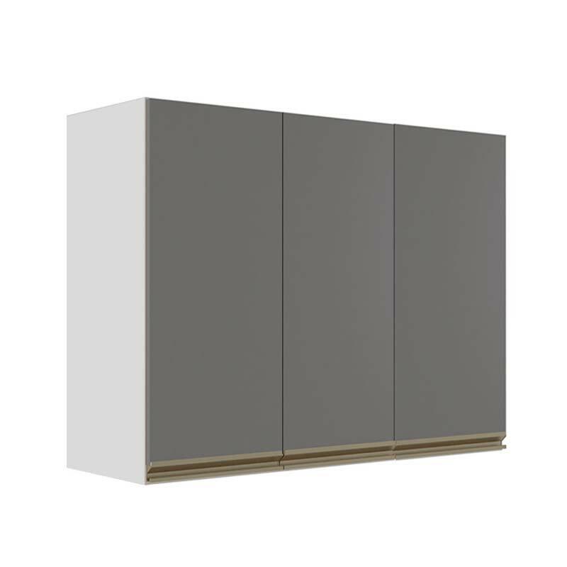 Módulo Armário Aéreo 88x120x34cm 3 Portas 100% MDF Cozinha Modulada Gold J Robel Branco/Cinza Matte