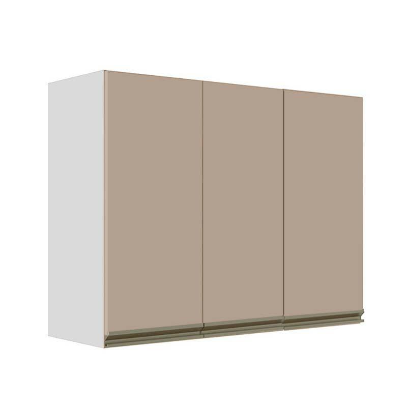 Módulo Armário Aéreo 88x120x34cm 3 Portas 100% MDF Cozinha Modulada Gold J Robel Branco/Fendi Matte