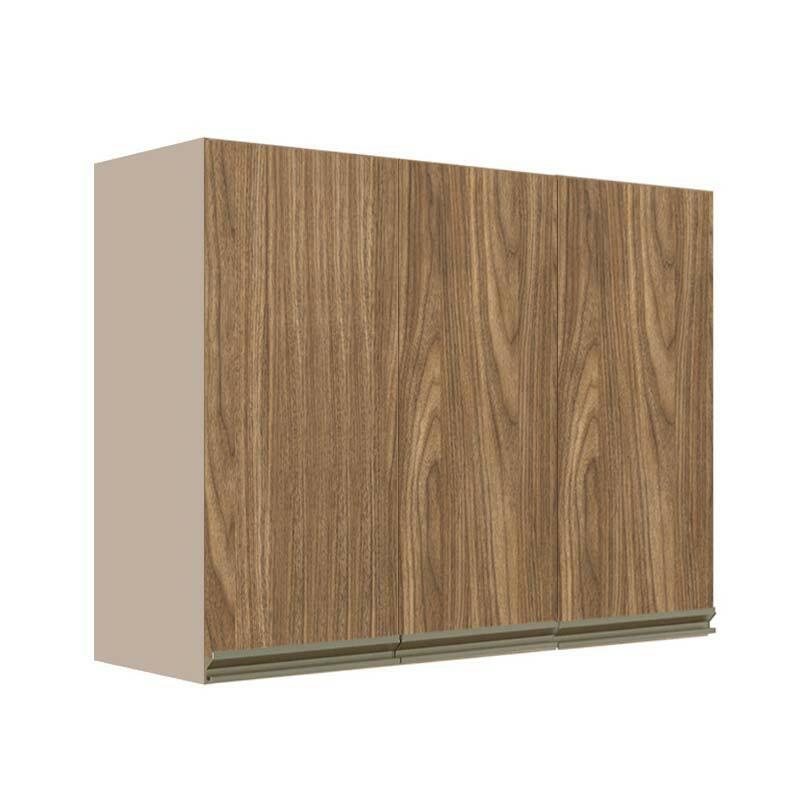 Módulo Armário Aéreo 88x120x34cm 3 Portas 100% MDF Cozinha Modulada Gold J Robel Fendi/Amendoeira BP