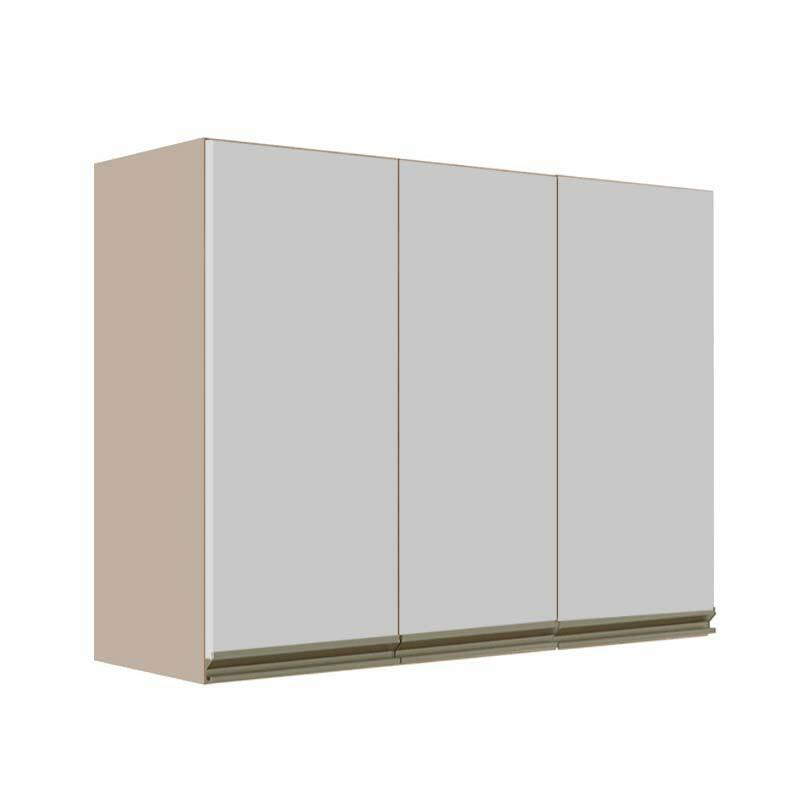 Módulo Armário Aéreo 88x120x34cm 3 Portas 100% MDF Cozinha Modulada Gold J Robel Fendi/Branco Matte
