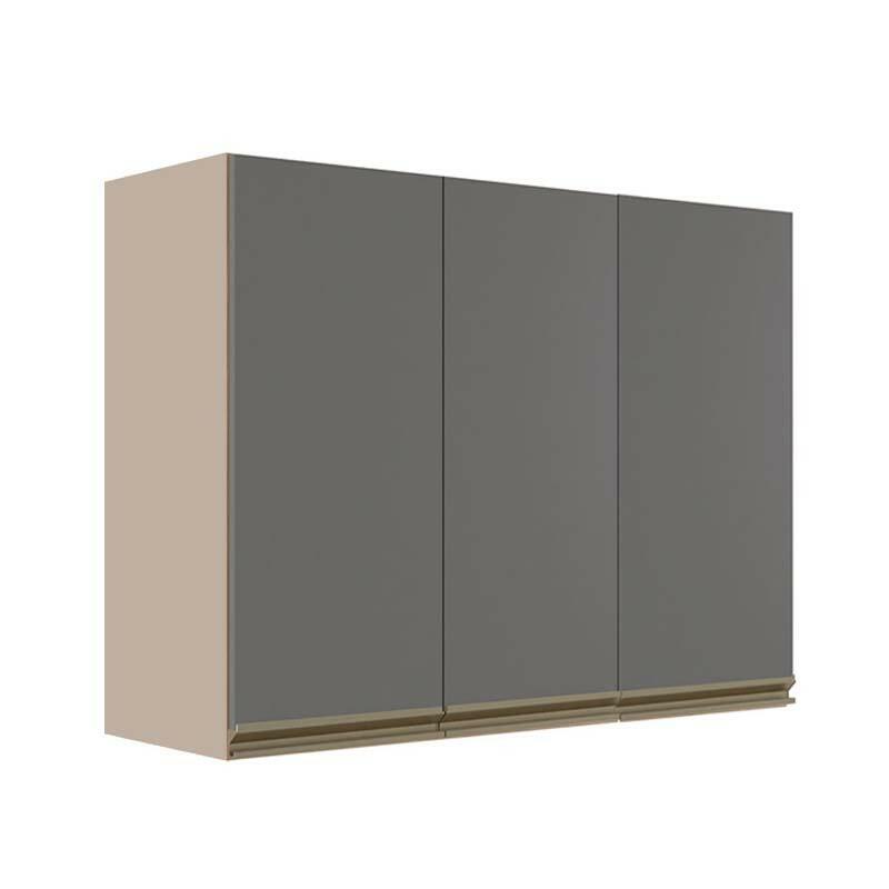 Módulo Armário Aéreo 88x120x34cm 3 Portas 100% MDF Cozinha Modulada Gold J Robel Fendi/Cinza Matte