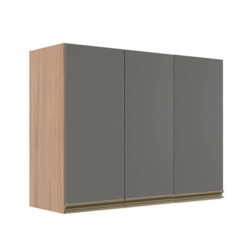 Módulo Armário Aéreo 88x120x34cm 3 Portas 100% MDF Cozinha Modulada Gold J Robel Hanover/Cinza Matte