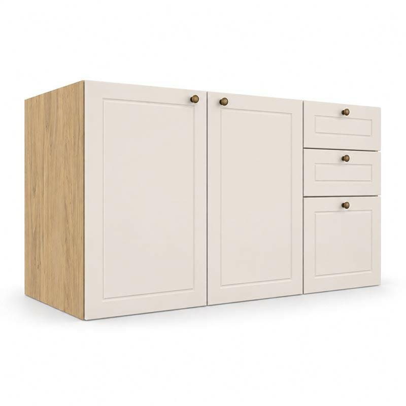 Módulo Balcão 120x68x56cm 3 Gavetas 2 Portas 100% MDF Cozinha Provence Robel Hanover/Off White Matte
