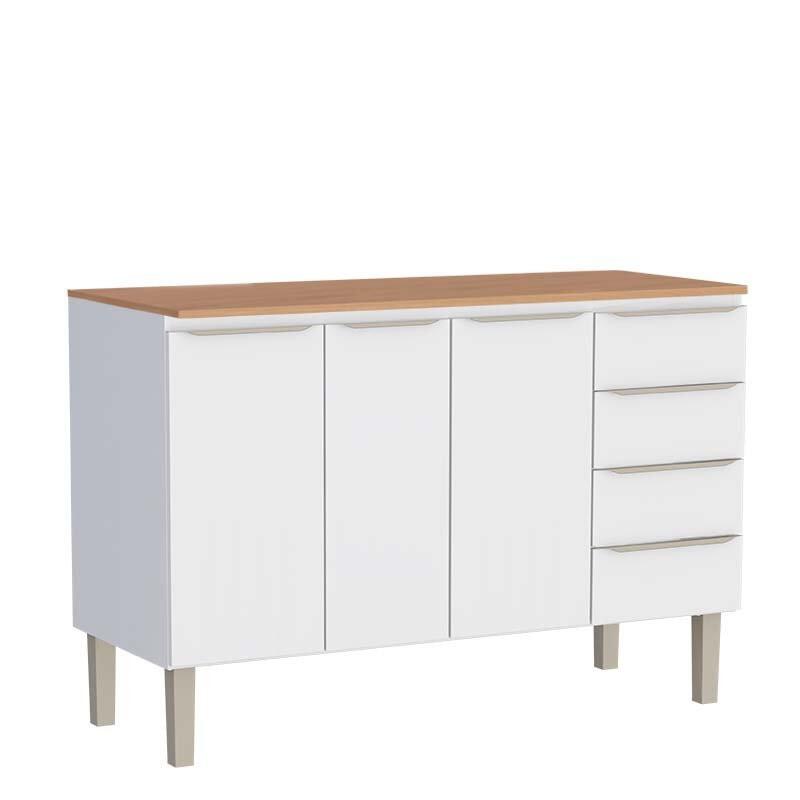 Balcão de Aço 140 Com Tampo Jequitibá 3 Portas 4 Gavetas Cozinha Flora Cozimax Branco