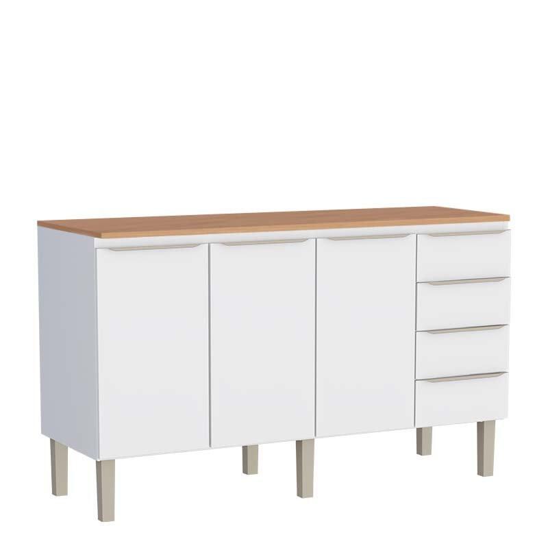 Balcão de Aço 160 Com Tampo Jequitibá 3 Portas 4 Gavetas Cozinha Flora Cozimax Branco