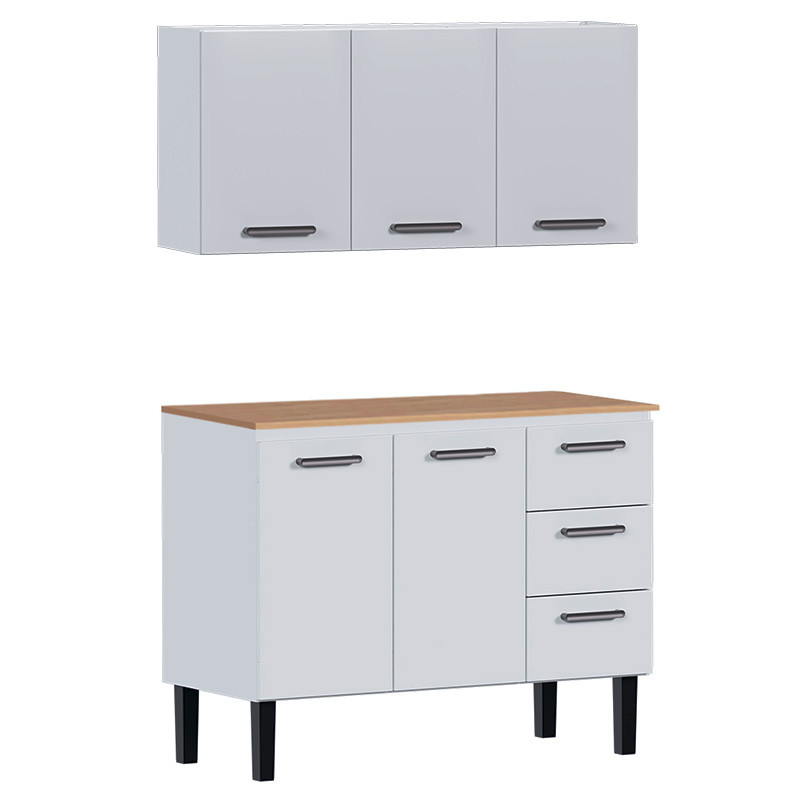 Cozinha de Aço Balcão Com Tampo Jequitiba e Armário Aéreo Novo Vênus 120 Cozimax Branco