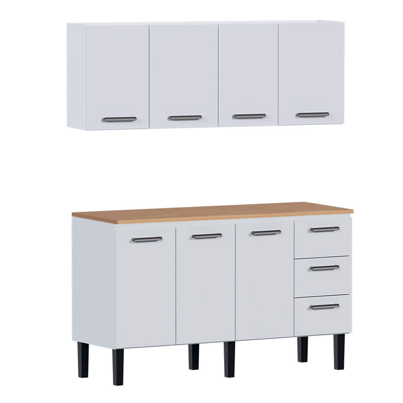 Cozinha de Aço Balcão Com Tampo Jequitiba e Armário Aéreo Novo Vênus 150 Cozimax Branco