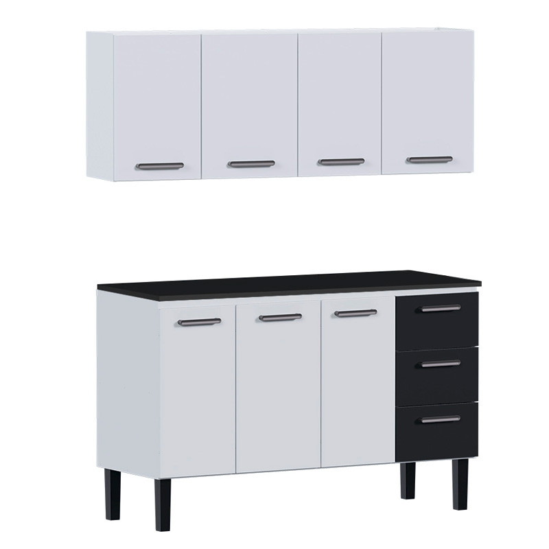 Cozinha de Aço Balcão Com Tampo Preto e Armário Aéreo Novo Vênus 150 Cozimax Branco/Preto