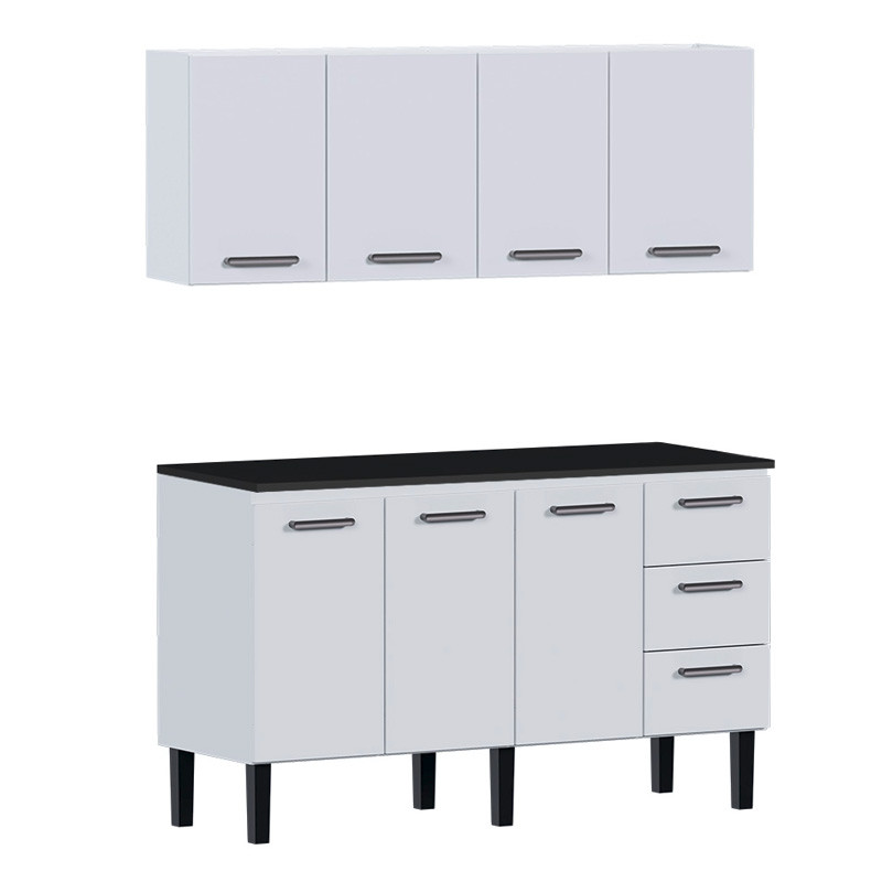 Cozinha de Aço Balcão Com Tampo Preto e Armário Aéreo Novo Vênus 150 Cozimax Branco