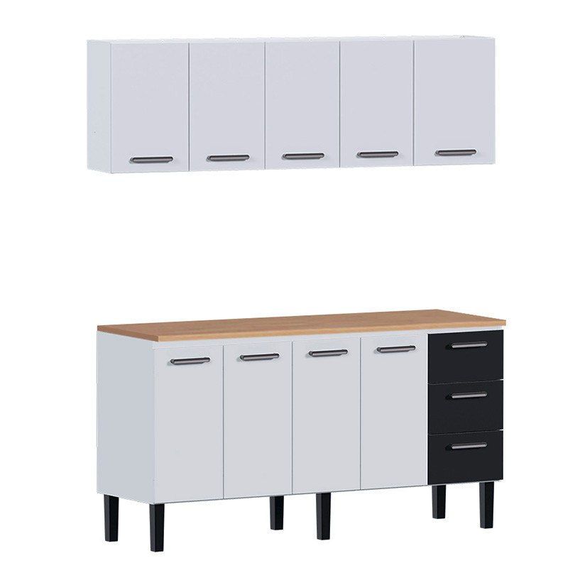 Cozinha de Aço Balcão Com Tampo Jequitiba e Armário Aéreo Novo Vênus 180 Cozimax Branco/Preto