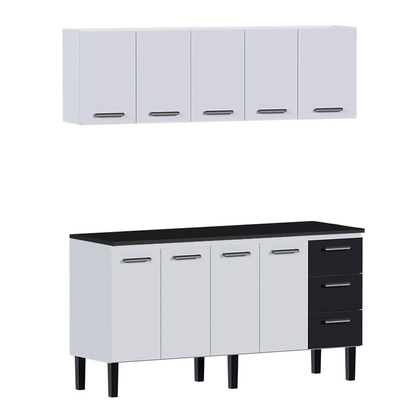 Cozinha de Aço Balcão Com Tampo Preto e Armário Aéreo Novo Vênus 180 Cozimax Branco/Preto