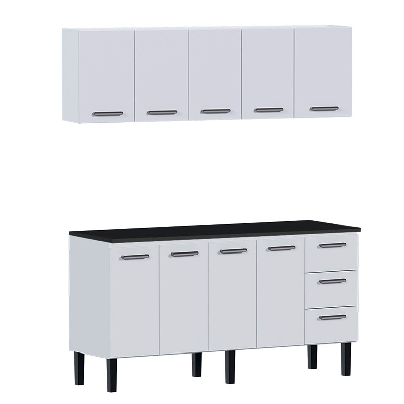 Cozinha de Aço Balcão Com Tampo Preto e Armário Aéreo Novo Vênus 180 Cozimax Branco