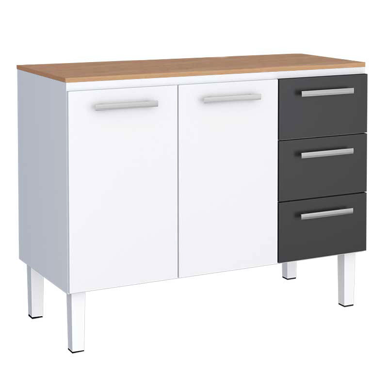 Balcão de Aço Cozinha 117x92x52cm 3 Gavetas Com Tampo Jequitiba Vênus 120 Cozimax Branco/Preto