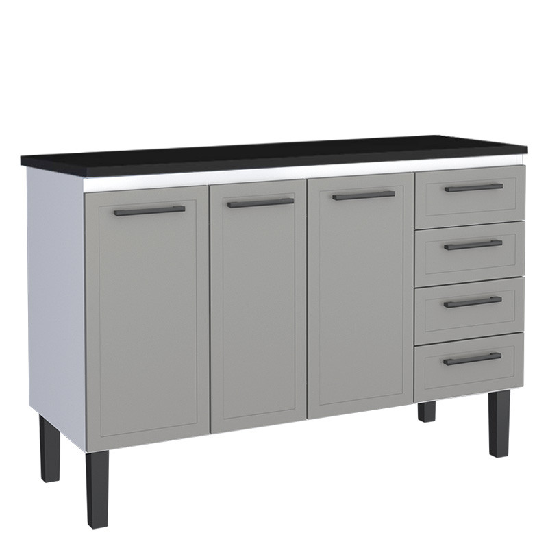 Balcão de Aço Com Tampo Madeira 134x91x52cm 3 Portas 4 Gavetas Juno 140 Cozimax Cinza/Preto