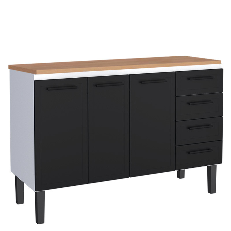 Balcão de Aço Com Tampo Madeira 134x91x52cm 3 Portas 4 Gavetas Juno 140 Cozimax Preto/Jequitiba