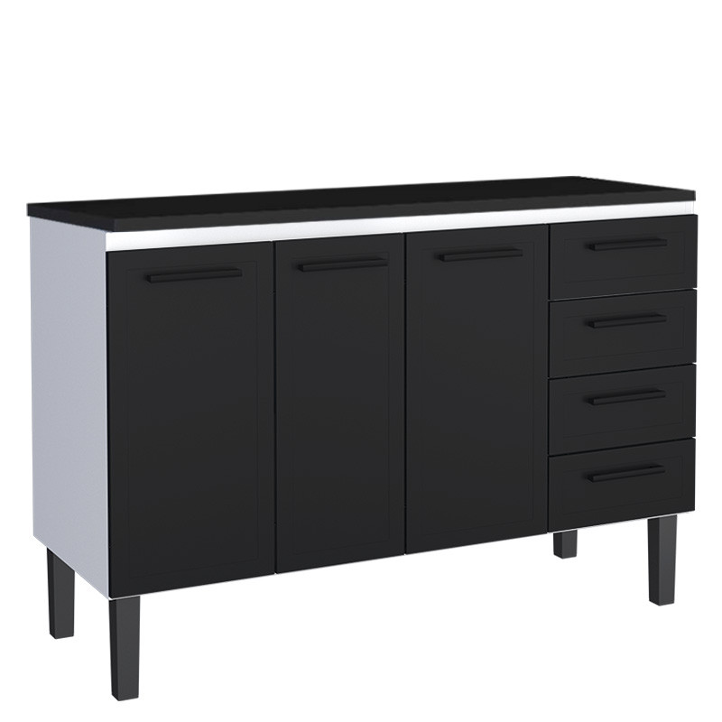 Balcão de Aço Com Tampo Madeira 134x91x52cm 3 Portas 4 Gavetas Juno 140 Cozimax Preto/Preto