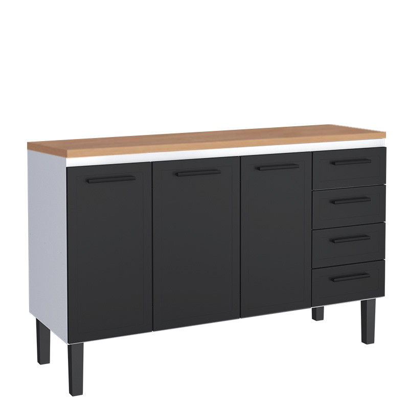 Balcão de Aço Com Tampo Madeira 144x91x52cm 3 Portas 4 Gavetas Juno 150 Cozimax Preto/Jequitiba