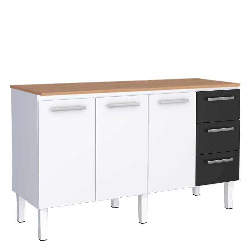 Balcão de Aço Cozinha 153x92x52cm 3 Gavetas Com Tampo Jequitiba Vênus 160 Cozimax Branco/Preto