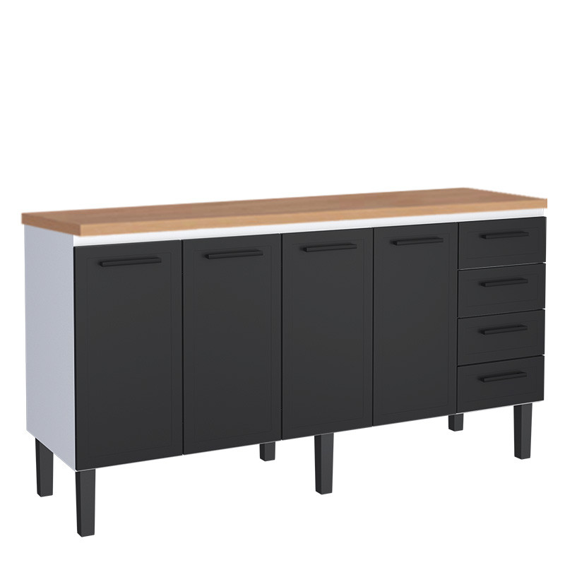 Balcão de Aço Com Tampo Madeira 192x91x52cm 4 Portas 4 Gavetas Juno 200 Cozimax Preto/Jequitiba