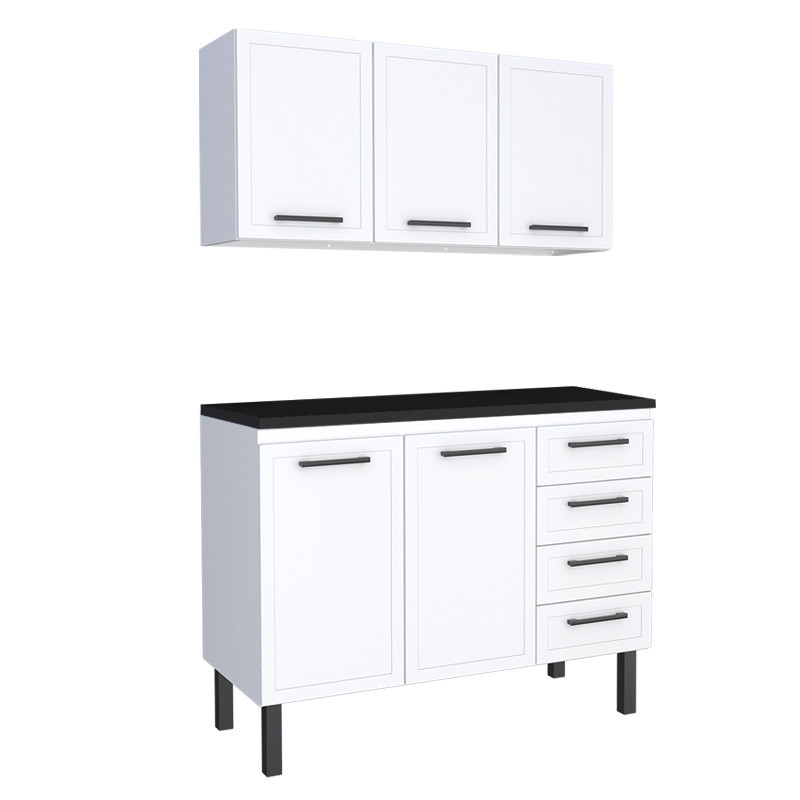 Cozinha Completa Balcão de Aço com Tampo Madeira e Armário Aéreo Juno 120 Cozimax Branco/Preto