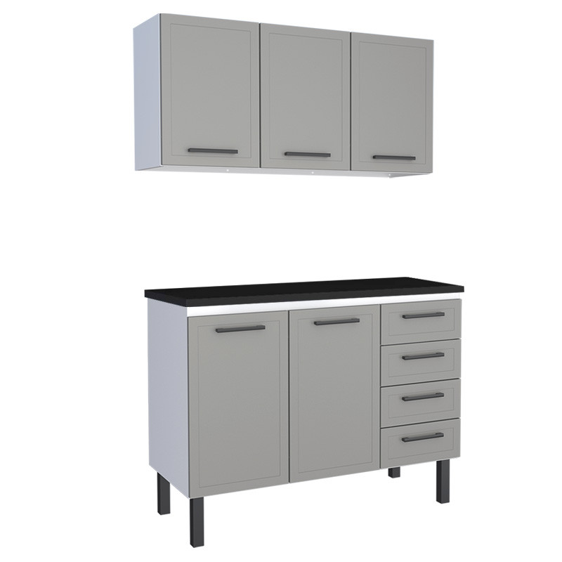 Cozinha Completa Balcão de Aço com Tampo Madeira e Armário Aéreo Juno 120 Cozimax Cinza/Preto