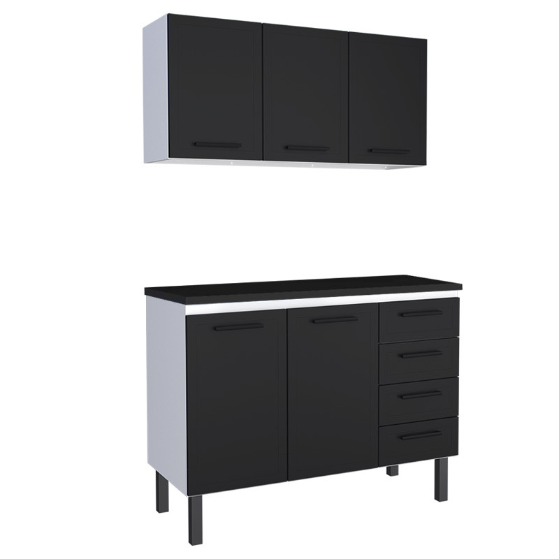 Cozinha Completa Balcão de Aço com Tampo Madeira e Armário Aéreo Juno 120 Cozimax Preto/Preto