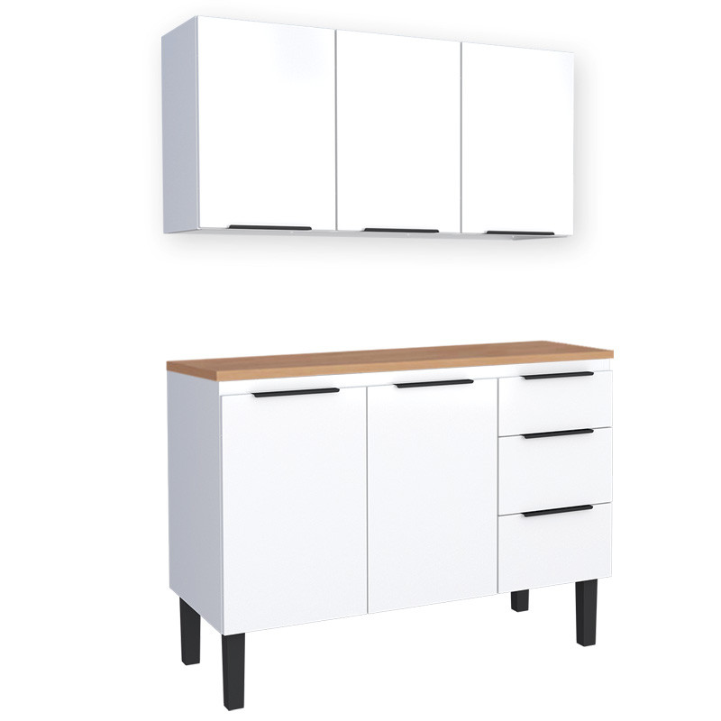 Cozinha Completa Balcão Aço com Tampo Madeira e Armário Aéreo Júpiter 120 Cozimax Branco/Jequitiba