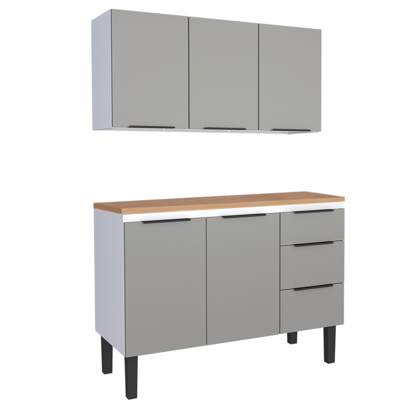 Cozinha Completa Balcão Aço com Tampo Madeira e Armário Aéreo Júpiter 120 Cozimax Cinza/Jequitiba