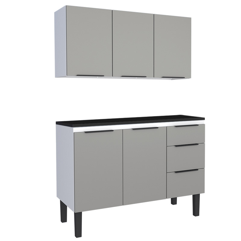 Cozinha Completa Balcão Aço com Tampo Madeira e Armário Aéreo Júpiter 120 Cozimax Cinza/Preto