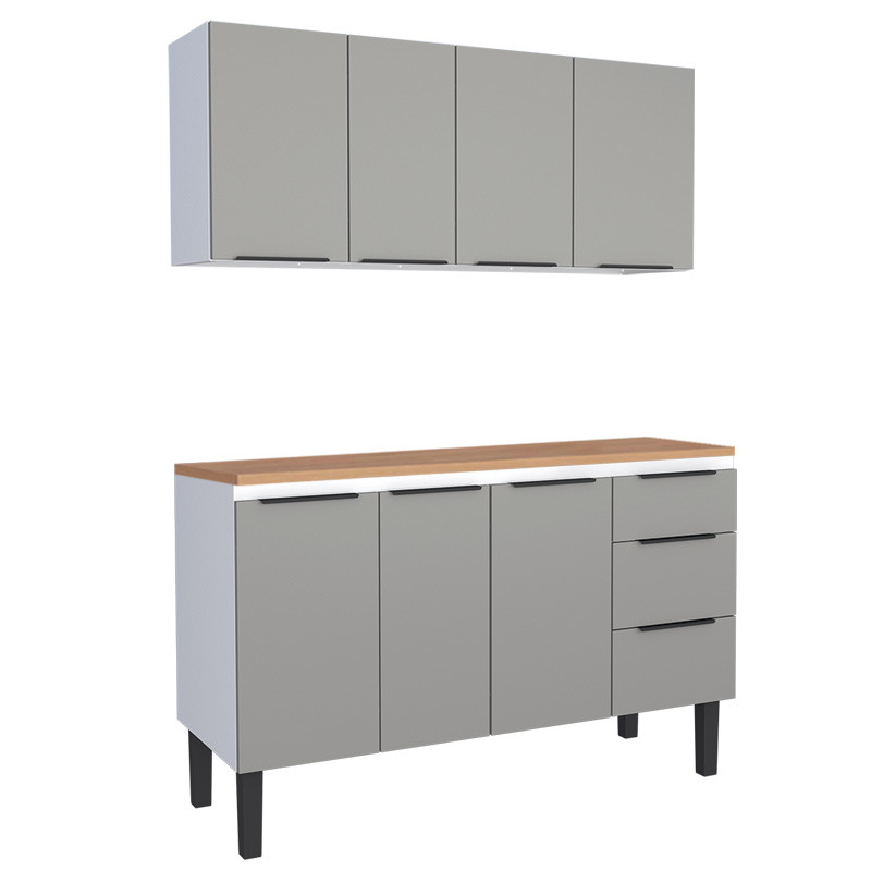 Cozinha Completa Balcão Aço com Tampo Madeira e Armário Aéreo Júpiter 140 Cozimax Cinza/Jequitiba