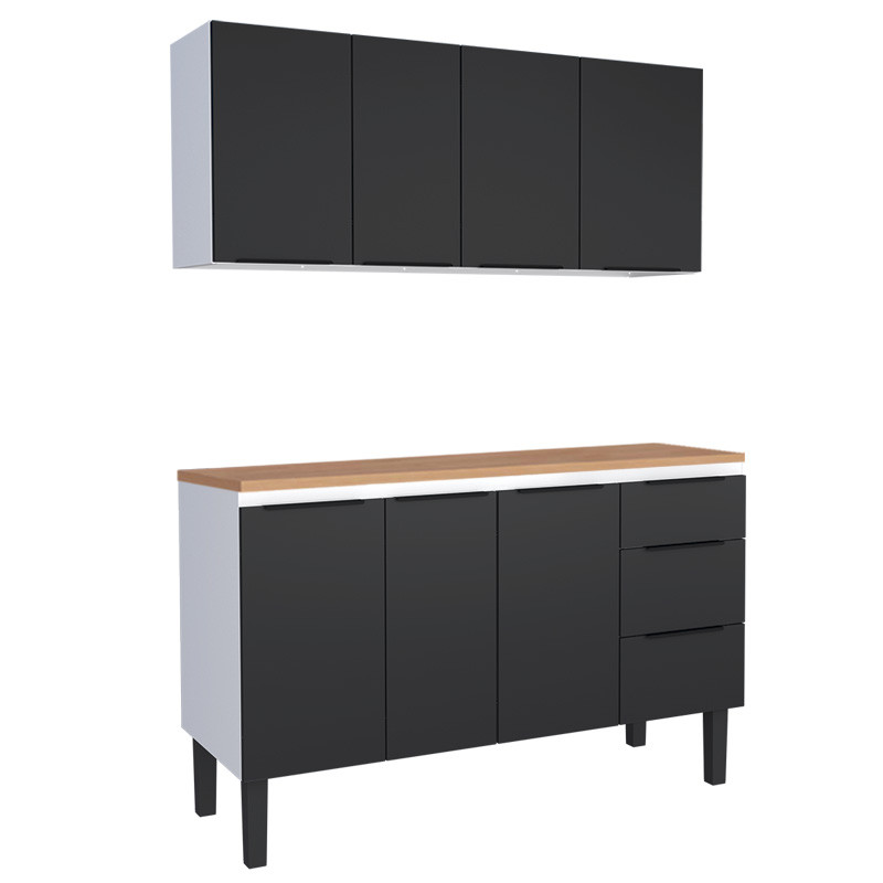 Cozinha Completa Balcão Aço com Tampo Madeira e Armário Aéreo Júpiter 140 Cozimax Preto/Jequitiba