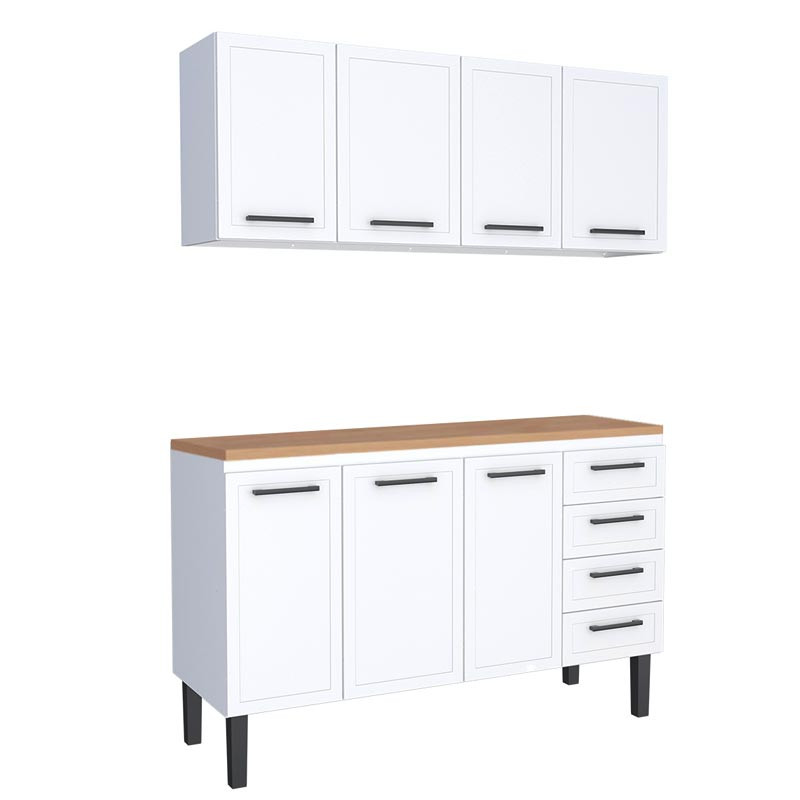 Cozinha Completa Balcão de Aço com Tampo Madeira e Armário Aéreo Juno 150 Cozimax Branco/Jequitiba