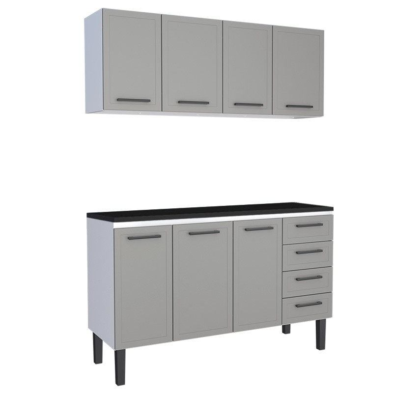 Cozinha Completa Balcão de Aço com Tampo Madeira e Armário Aéreo Juno 150 Cozimax Cinza/Preto