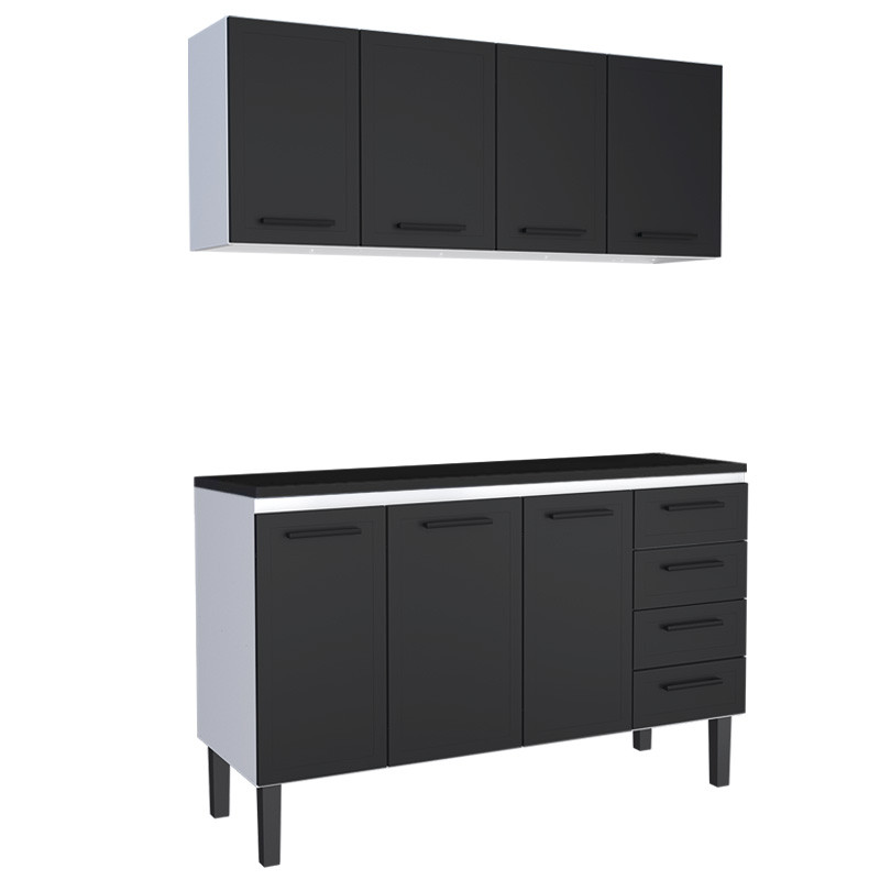 Cozinha Completa Balcão de Aço com Tampo Madeira e Armário Aéreo Juno 150 Cozimax Preto/Preto