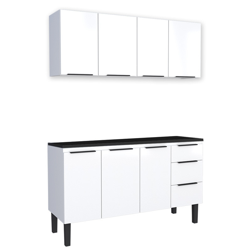Cozinha Completa Balcão Aço com Tampo Madeira e Armário Aéreo Júpiter 150 Cozimax Branco/Preto