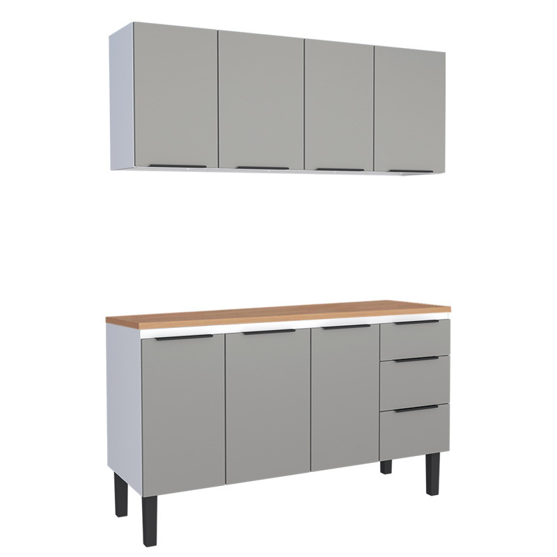 Cozinha Completa Balcão Aço com Tampo Madeira e Armário Aéreo Júpiter 160 Cozimax Cinza/Jequitiba