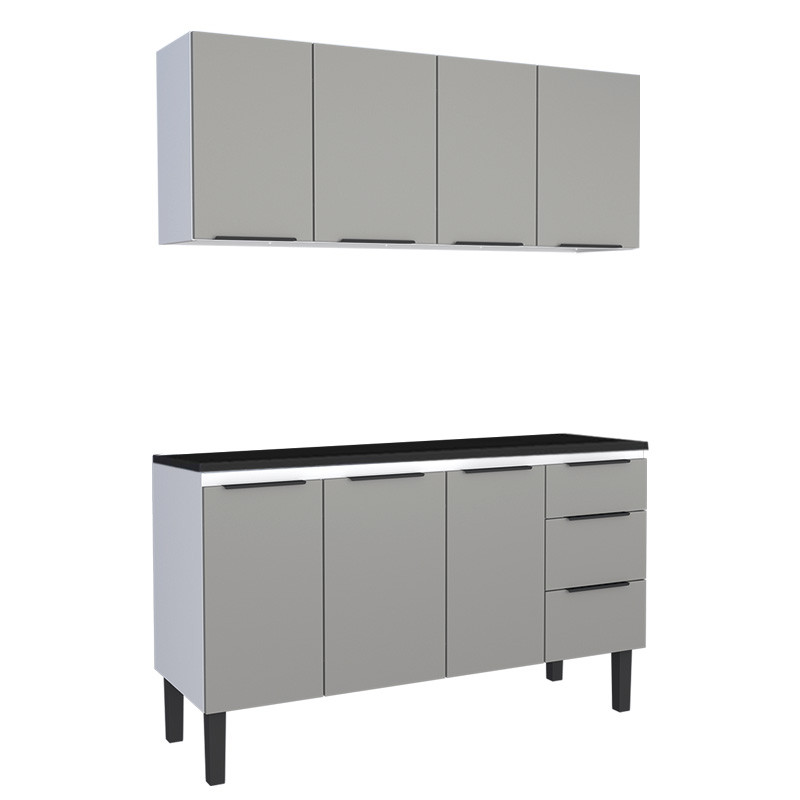 Cozinha Completa Balcão Aço com Tampo Madeira e Armário Aéreo Júpiter 160 Cozimax Cinza/Preto