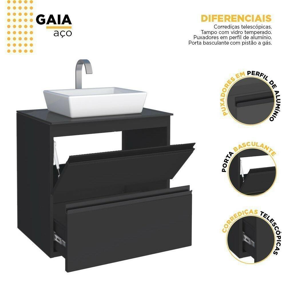 Gabinete Para Banheiro Aço Gaia 60 Tampo Vidro Sem Cuba Cozimax Preto