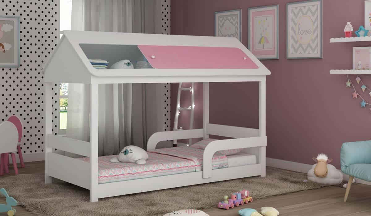 Cama Casinha Infantil Solteiro Sleep Gelius Branco/Rosa