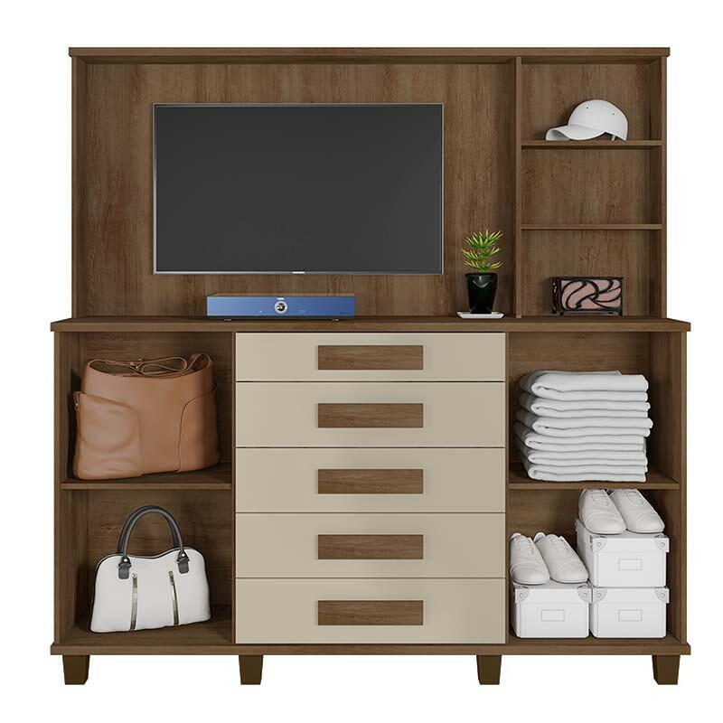 Cômoda com Painel Para TV 42 Polegadas Espelho 183cm Estrela RV Móveis Cinamomo/Off White