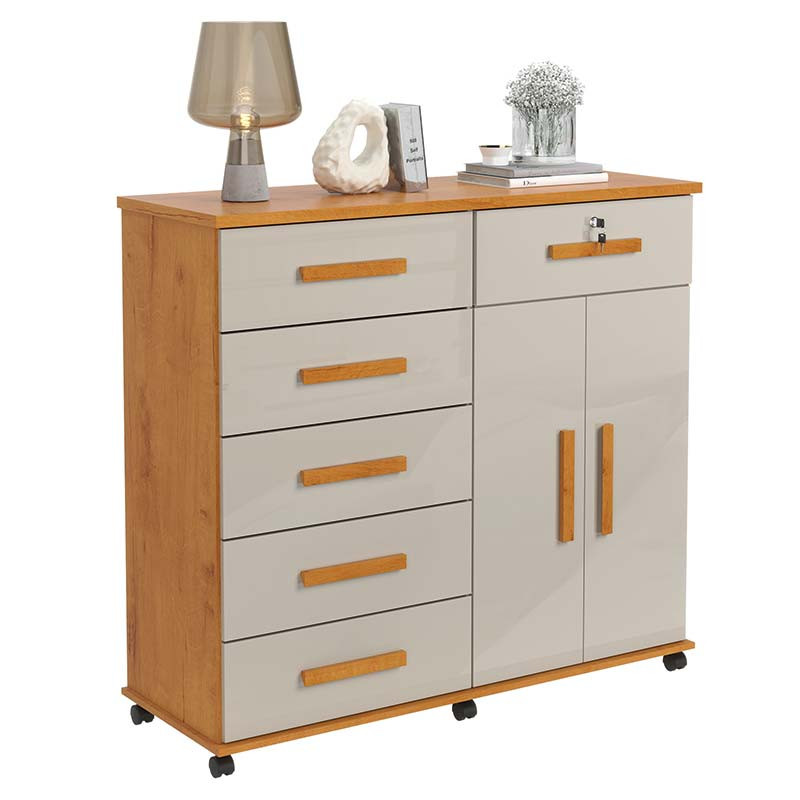 Cômoda Sapateira 1 Porta 6 Gavetas 126cm Platina Lukaliam Cinamomo/Off White