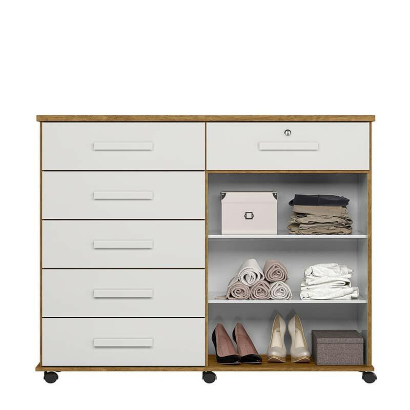 Cômoda Sapateira 1 Porta 6 Gavetas 126cm Platina Lukaliam Freijo/Off White